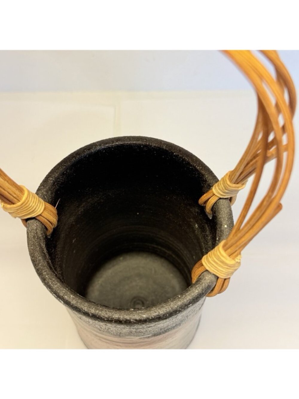 Warren Andrade Raku Pottery Vase 1999 Bamboo Handle Hawaii Artist 12"H w/ handle - Picture 5 of 8